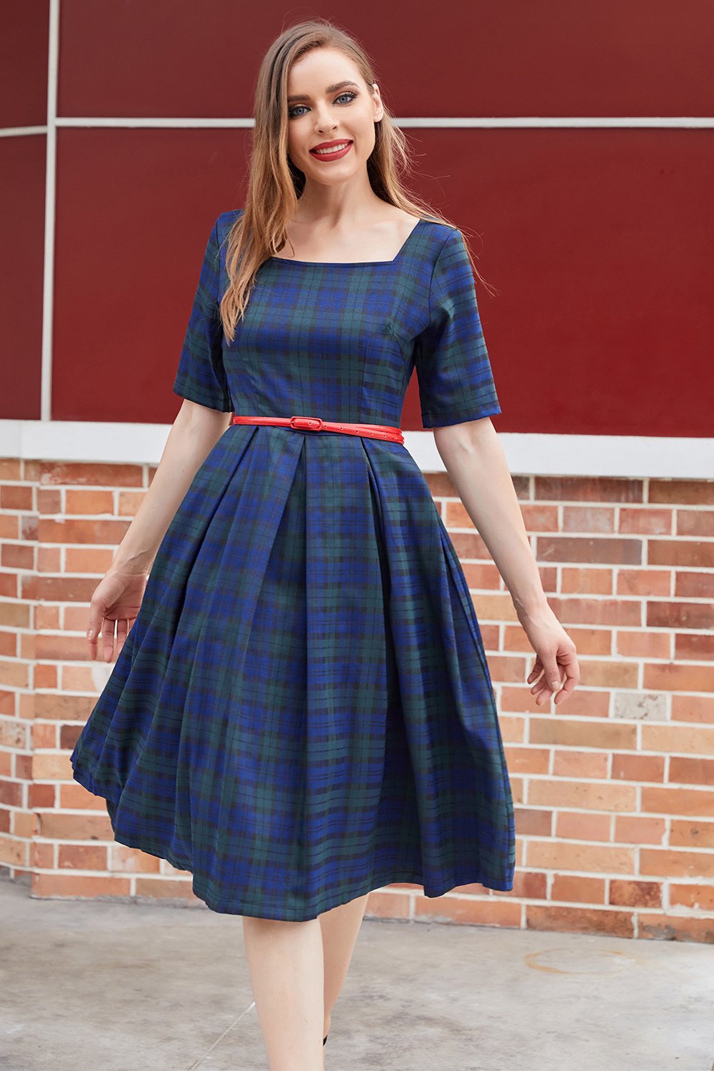 Vestido vintage de xadrez azul verde