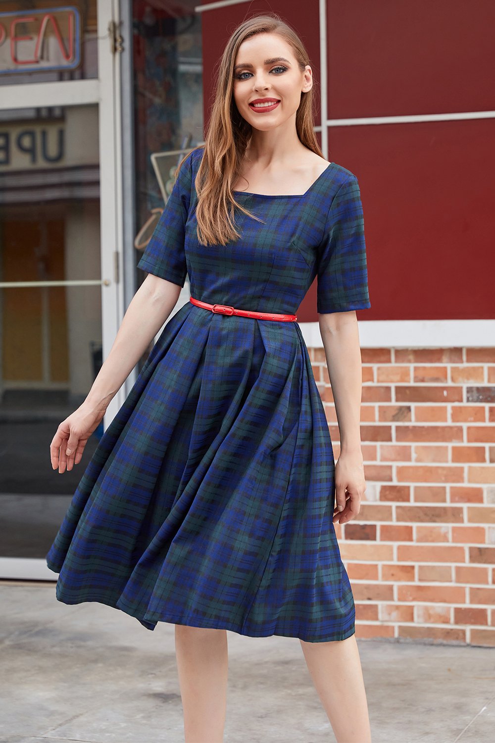 Vestido vintage de xadrez azul verde