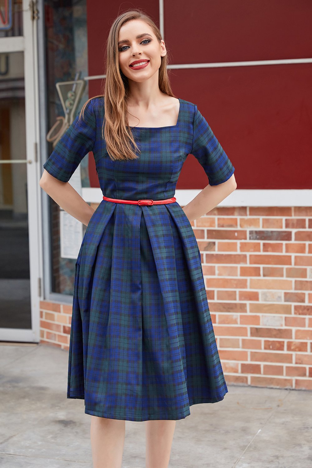Vestido vintage de xadrez azul verde