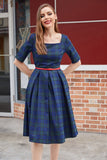 Vestido vintage de xadrez azul verde