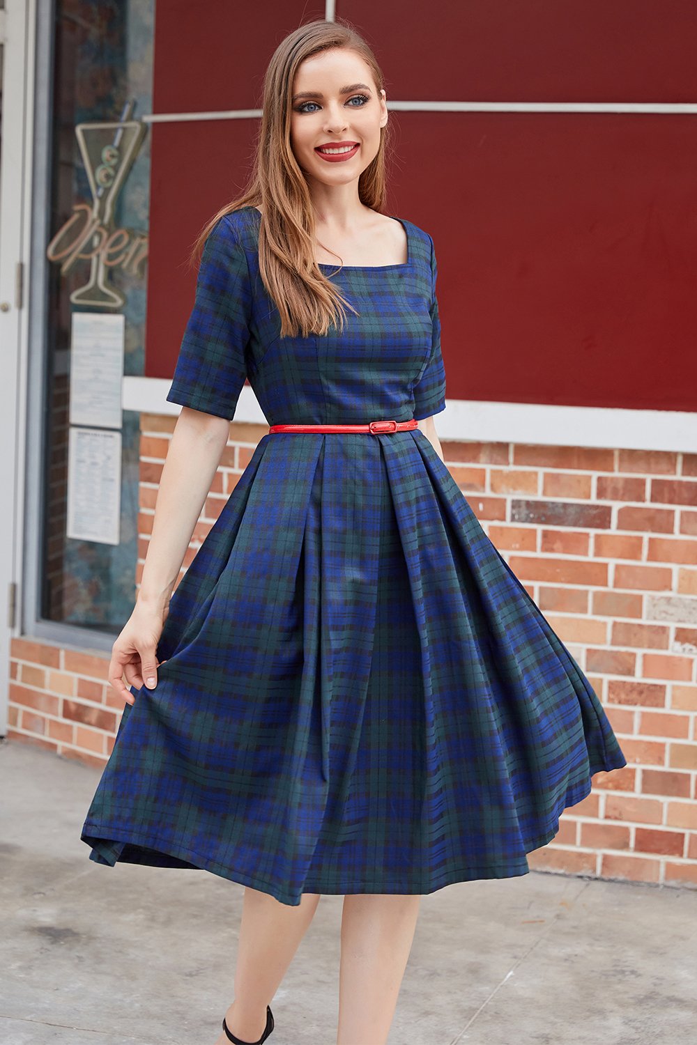 Vestido vintage de xadrez azul verde