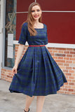 Vestido vintage de xadrez azul verde