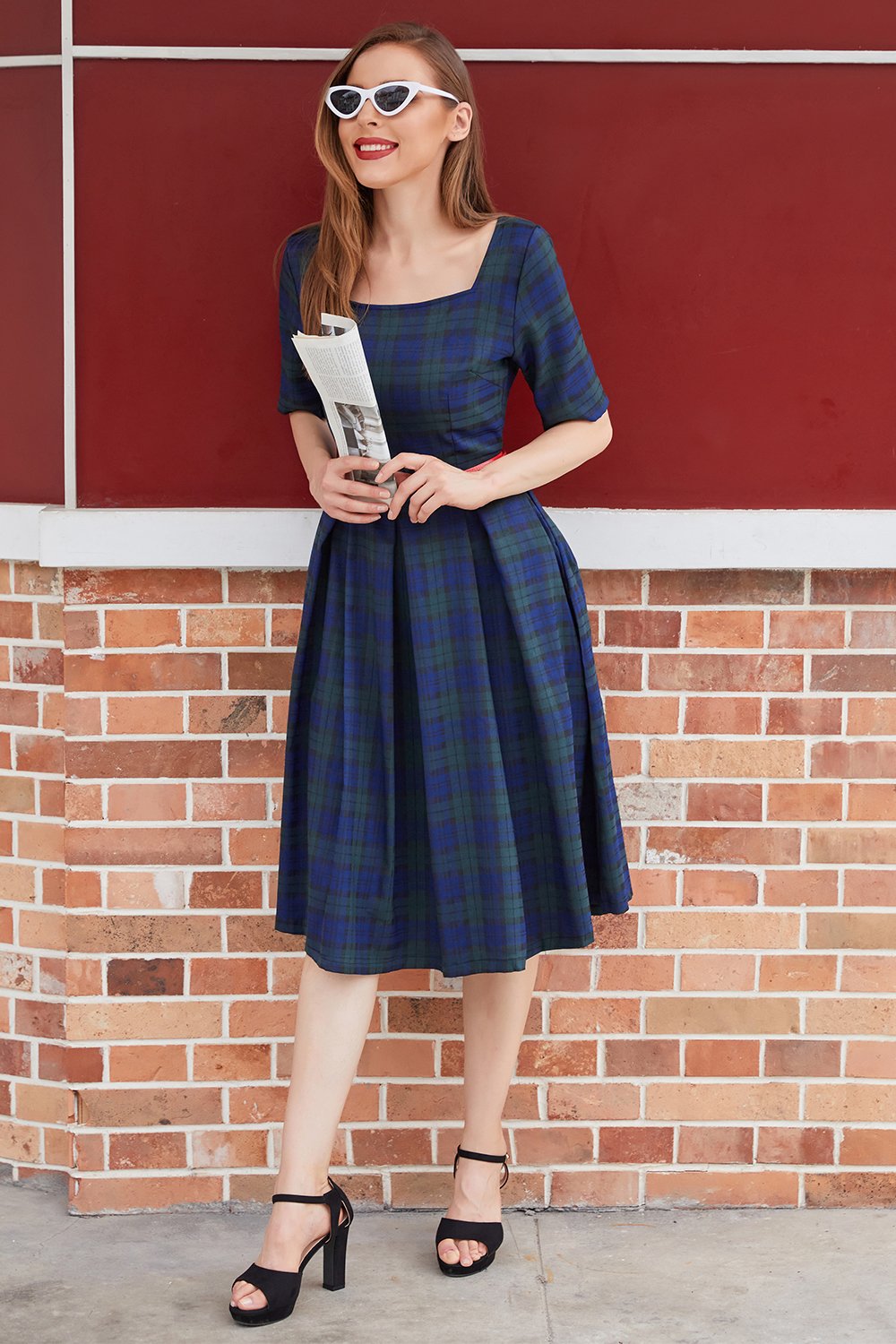 Vestido vintage de xadrez azul verde