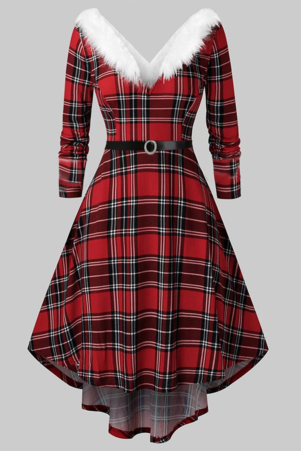 V Pescoço Manga Comprida Vestido de Natal xadrez