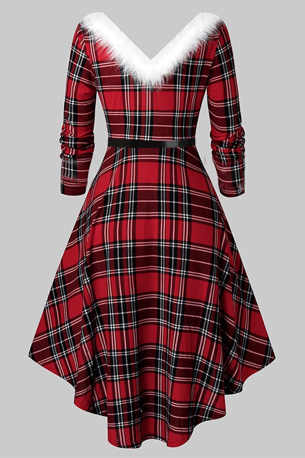 V Pescoço Manga Comprida Vestido de Natal xadrez