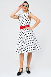 Branco Fora-ombro Vestido Com Bolinhas Pretas