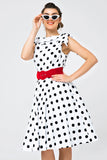 Branco Fora-ombro Vestido Com Bolinhas Pretas