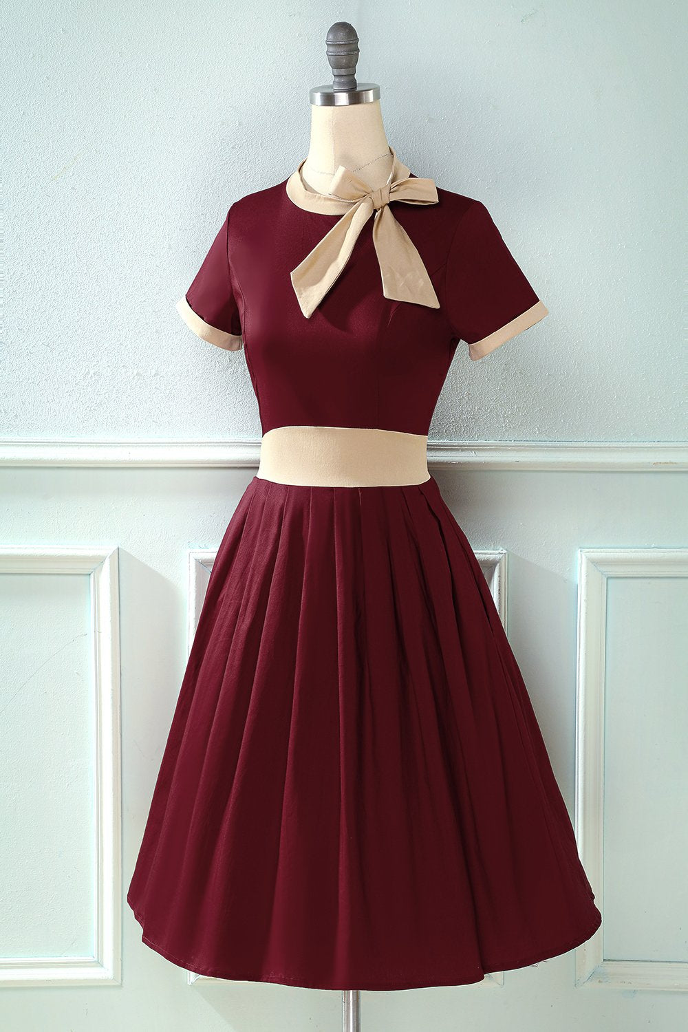 Vestido vintage de estilo retrô Burgundy com Bowknot
