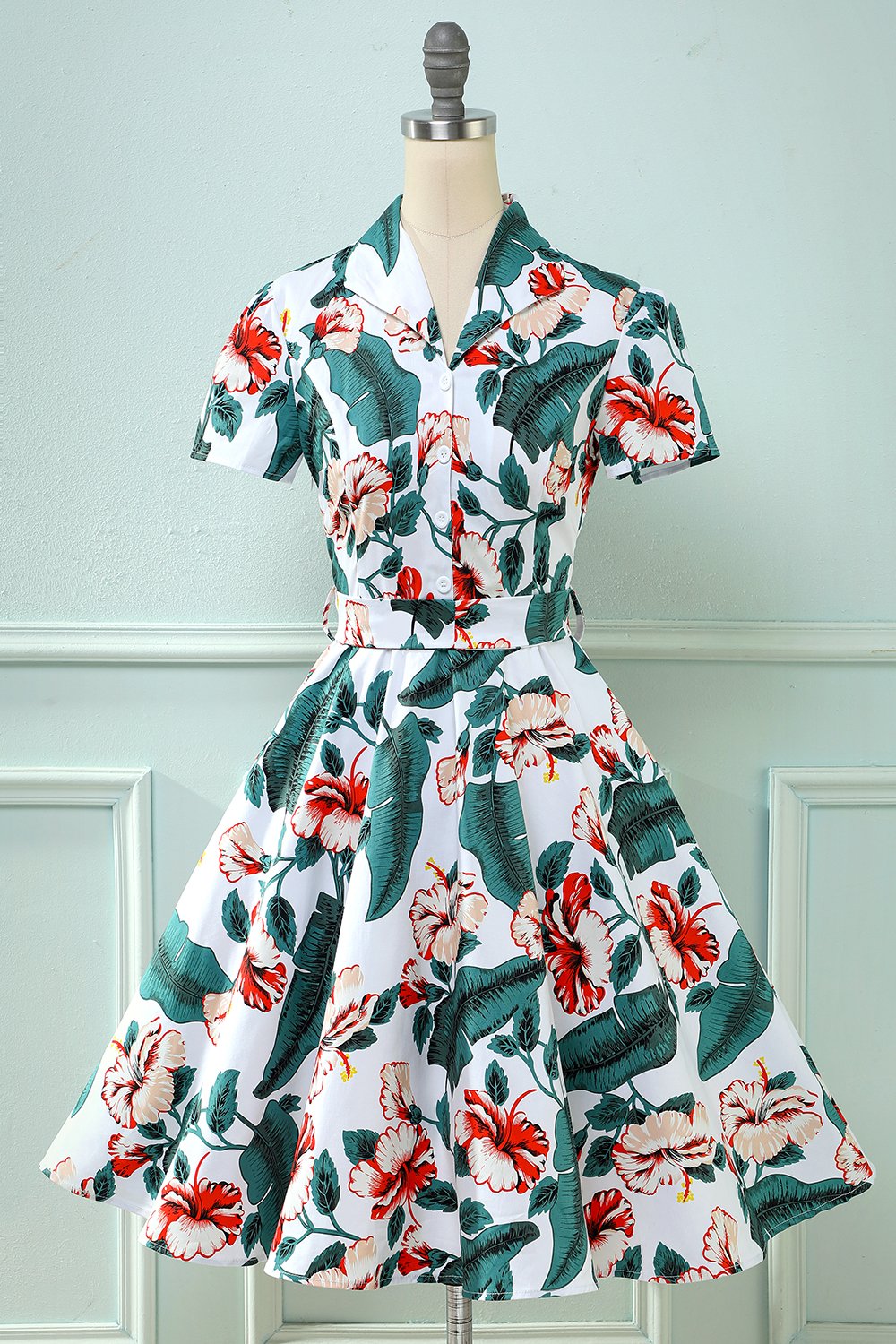 Retro V folha de pescoço impresso vestido vintage