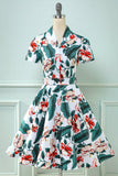 Retro V folha de pescoço impresso vestido vintage