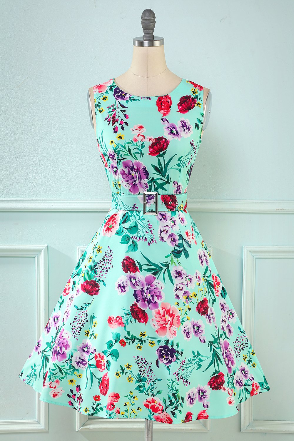 Vestido de impressão de flor verde dos anos 50