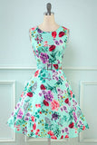 Vestido de impressão de flor verde dos anos 50
