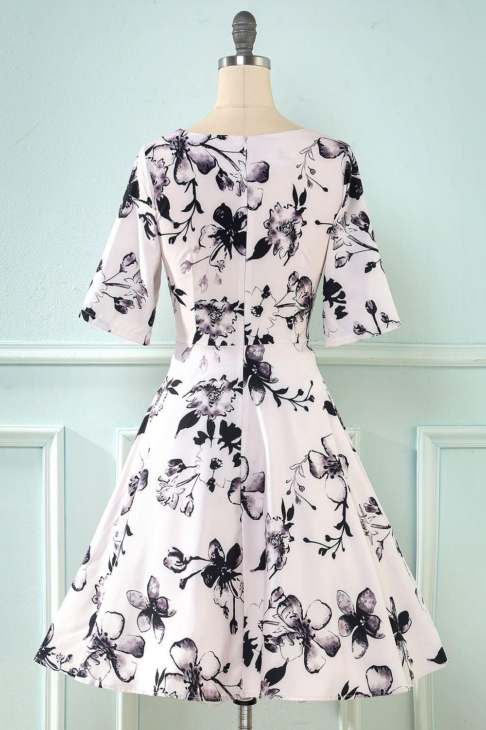 V Pescoço Meia Mangas Branco Estampado Vestido Vintage