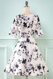 V Pescoço Meia Mangas Branco Estampado Vestido Vintage
