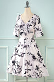 V Pescoço Meia Mangas Branco Estampado Vestido Vintage