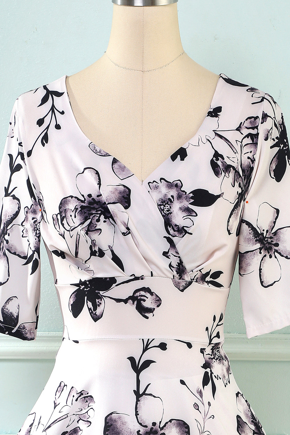 V Pescoço Meia Mangas Branco Estampado Vestido Vintage