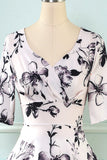 V Pescoço Meia Mangas Branco Estampado Vestido Vintage