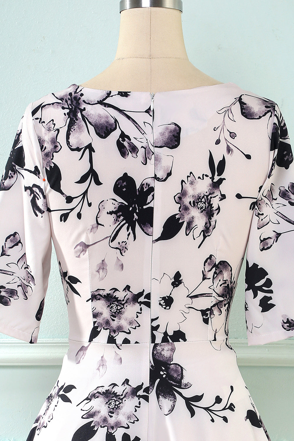 V Pescoço Meia Mangas Branco Estampado Vestido Vintage