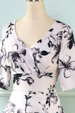 V Pescoço Meia Mangas Branco Estampado Vestido Vintage