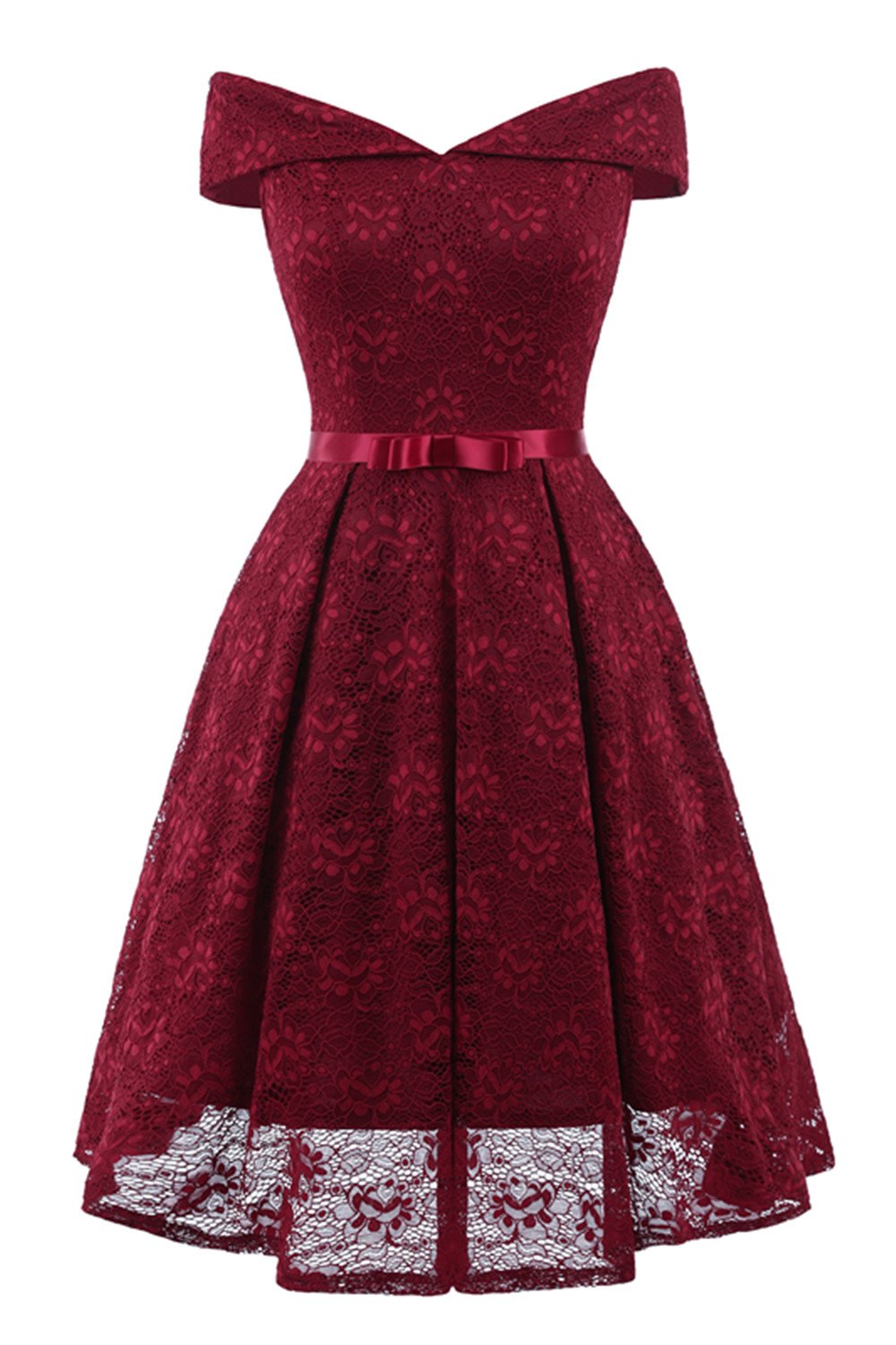 Vestido de renda com borgonha off the Shoulder com Bowknot