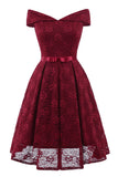 Vestido de renda com borgonha off the Shoulder com Bowknot