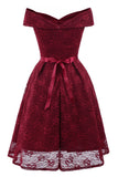 Vestido de renda com borgonha off the Shoulder com Bowknot