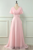 V Pescoço Rosa Dama de Honra Vestido com Ruffles