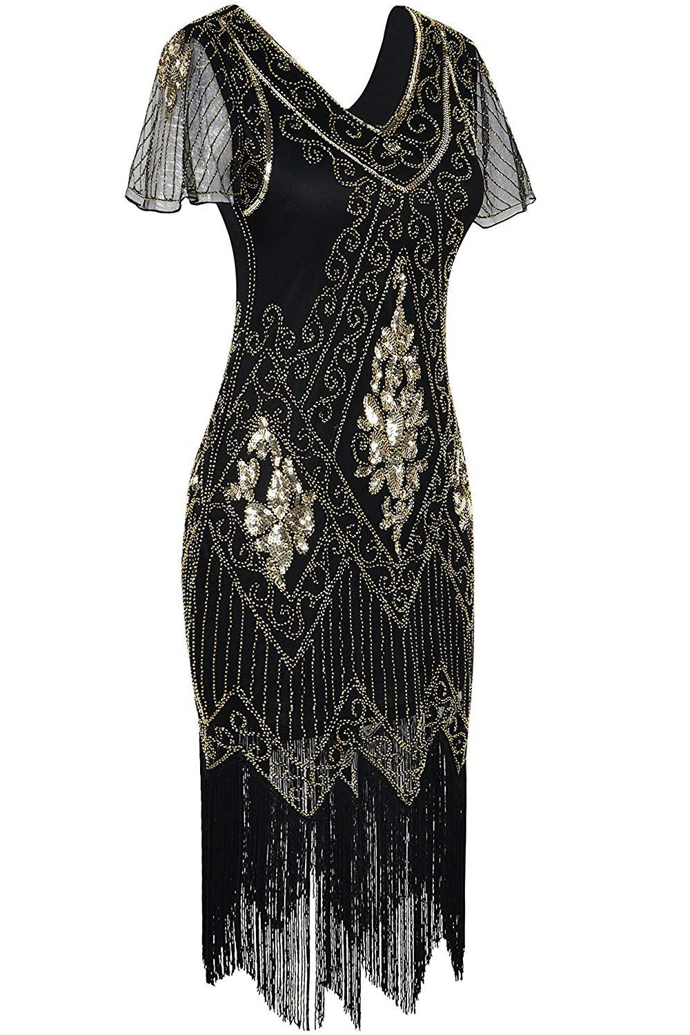 V Pescoço Preto Vestido Flapper 1920