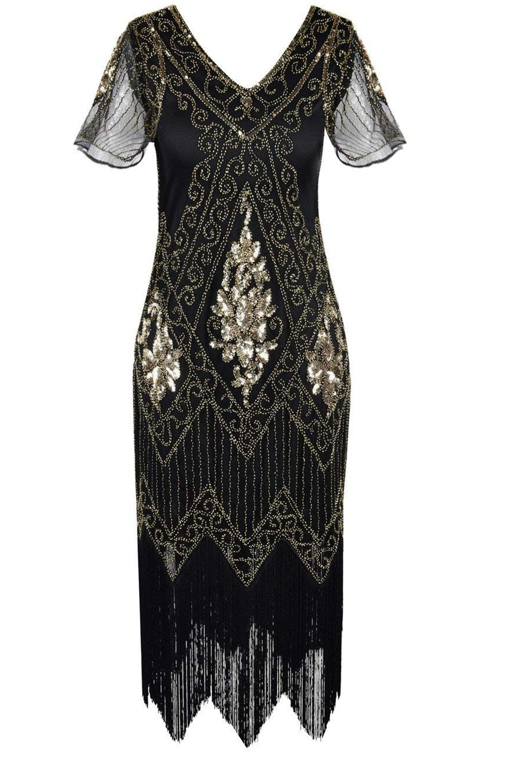V Pescoço Preto Vestido Flapper 1920