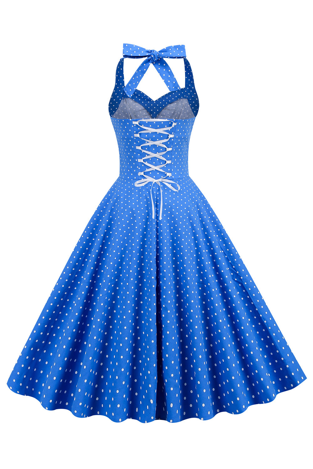 Halter Neck Blue Polka Dots Vintage Dress com Backless