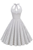 Halter Neck Blue Polka Dots Vintage Dress com Backless