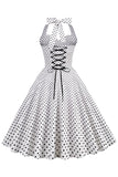 Halter Neck Blue Polka Dots Vintage Dress com Backless