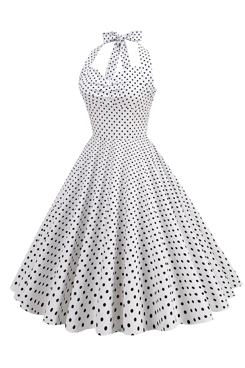 Halter Neck Blue Polka Dots Vintage Dress com Backless