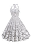 Halter Neck Blue Polka Dots Vintage Dress com Backless