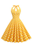 Halter Neck Blue Polka Dots Vintage Dress com Backless