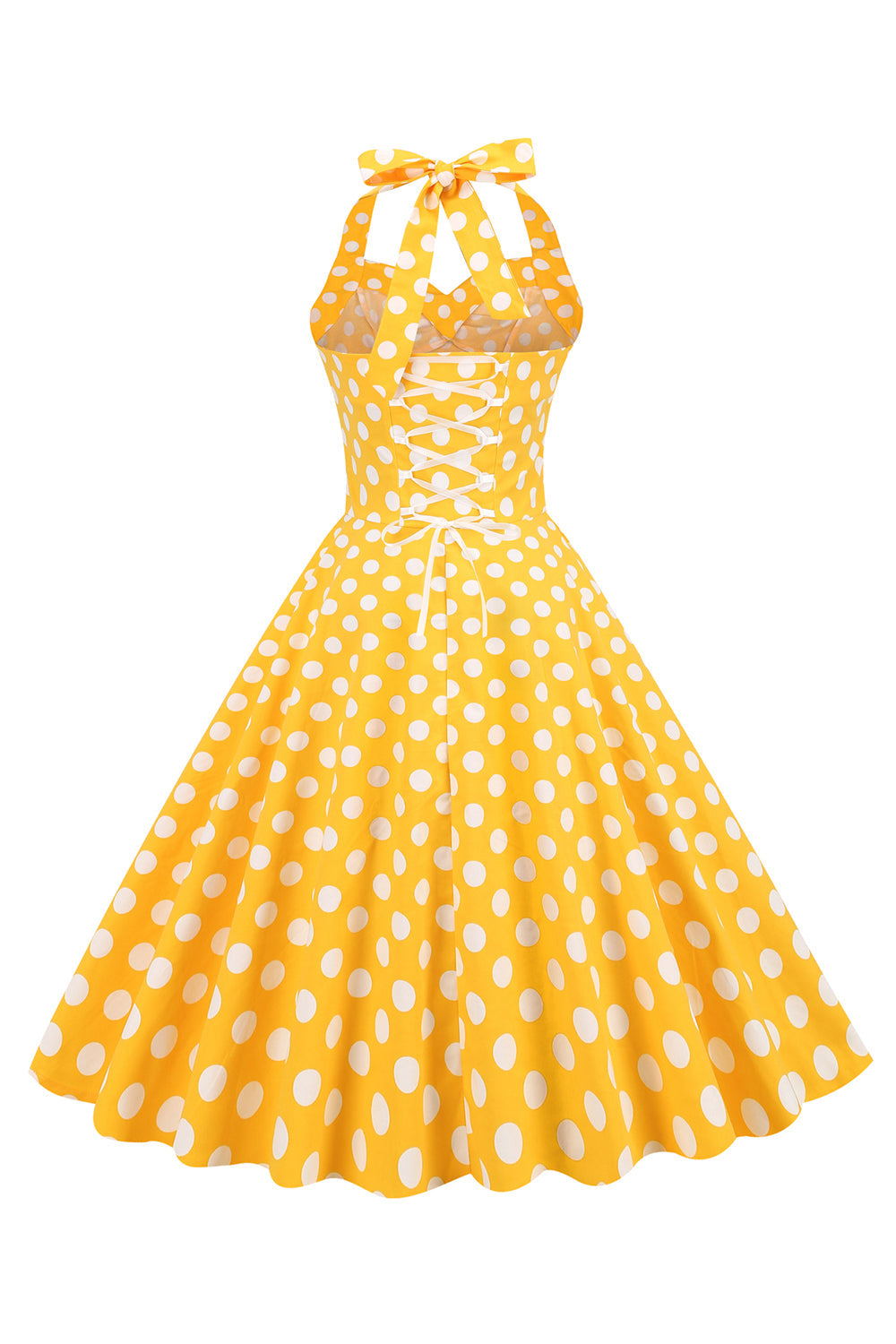 Halter Neck Blue Polka Dots Vintage Dress com Backless