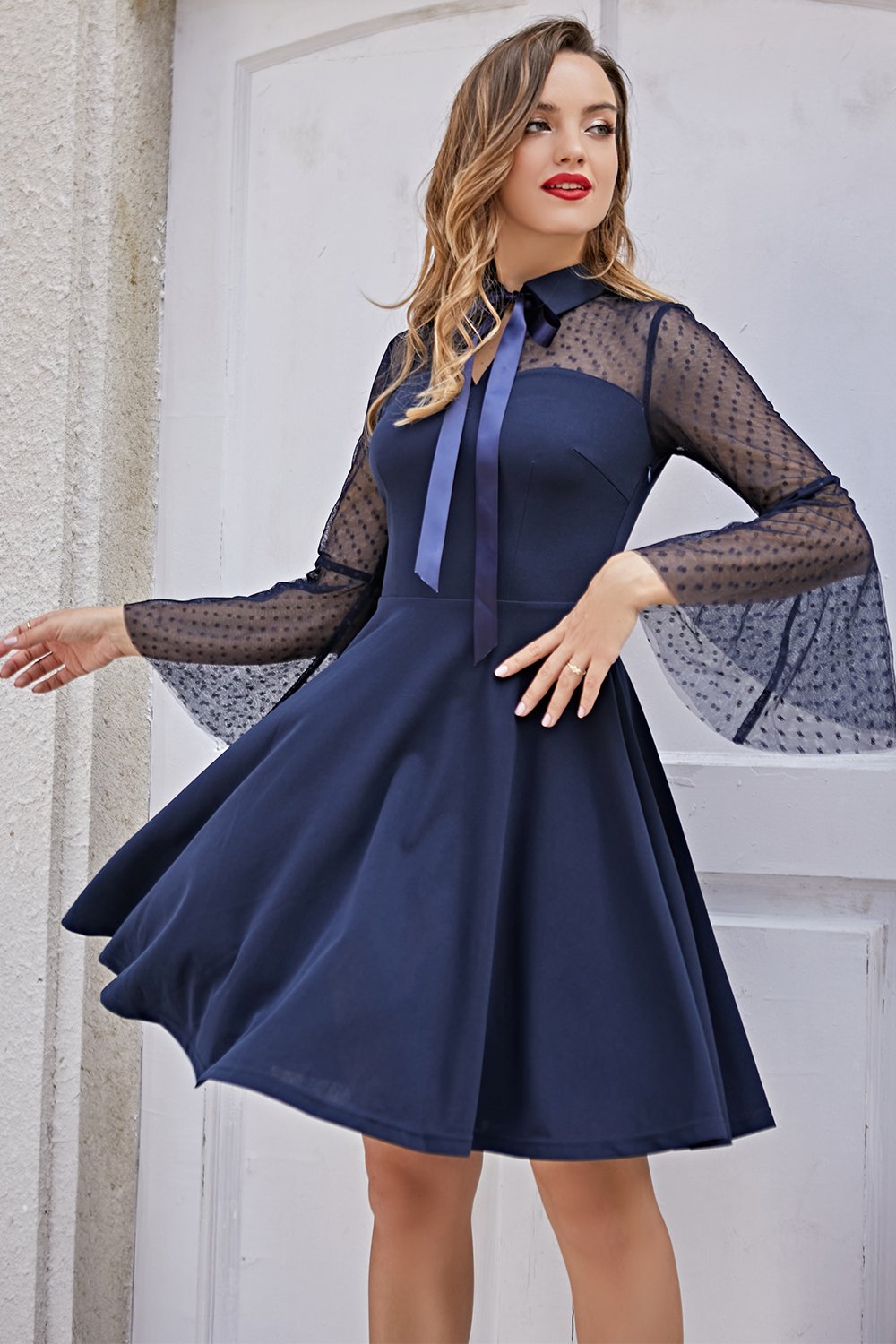 Vestido vintage de mangas compridas da Marinha