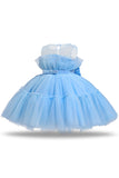 Vestido azul A-line Tulle Flower Girl com laço