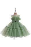 Verde pescoço redondo tule flor vestido da menina com Bowknot