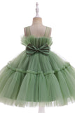 Verde pescoço redondo tule flor vestido da menina com Bowknot