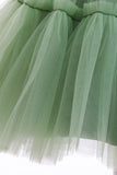 Verde pescoço redondo tule flor vestido da menina com Bowknot