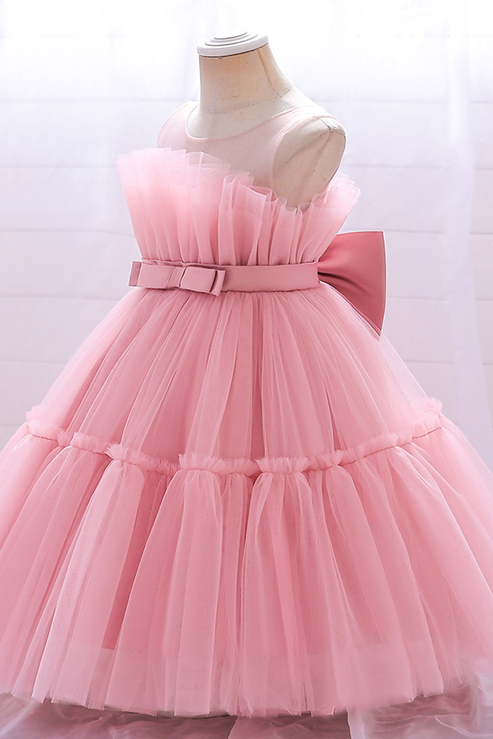 Verde pescoço redondo tule flor vestido da menina com Bowknot