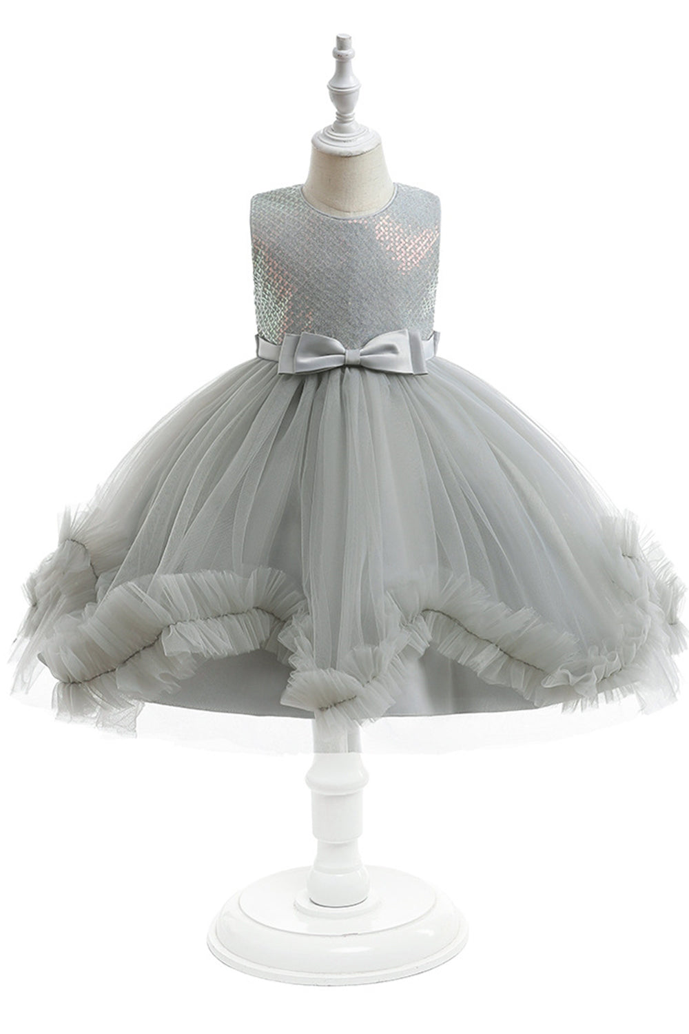 Cinzento sem mangas tule flor vestido de menina com Bowknot
