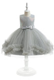 Cinzento sem mangas tule flor vestido de menina com Bowknot