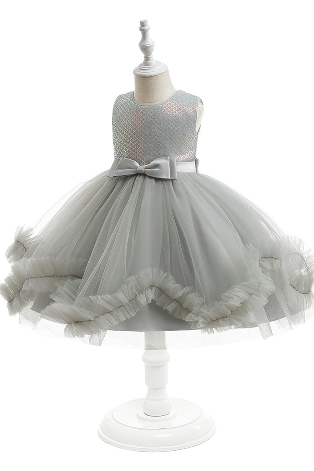 Cinzento sem mangas tule flor vestido de menina com Bowknot