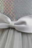 Cinzento sem mangas tule flor vestido de menina com Bowknot