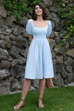 Vestido de verão azul pescoço quadrado