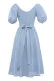 Vestido de verão azul de pescoço quadrado de estilo retro quadrado