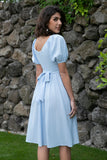 Vestido de verão azul pescoço quadrado