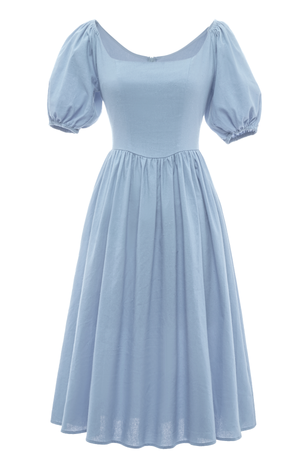 Vestido de verão azul de pescoço quadrado de estilo retro quadrado